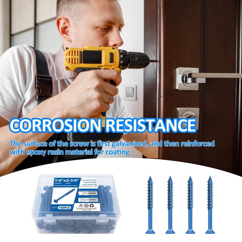 100PCS Concrete Screws Assortment Kit, 1/4" x 2-3/4" Masonry Screws