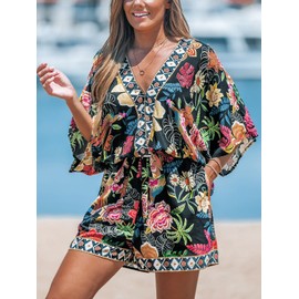 CUPSHE Women's Jumpsuit V-Neck Short Sleeve Romper Leopard Print Wide Leg Short Jumpsuit with Belt Casual Loose Playsuit, black/red