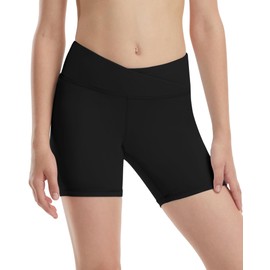 Runhit 5" Girls Volleyball Shorts Youth V Cross Waist Black Spandex Shorts Kids Dance Biker Athletic Compression Shorts