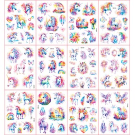 Unicorn Glitter Tattoo Set Children, 12 Sheets Unicorn Fake Tattoos for Children, Unicorn Gifts for Girls, Birthday Party Gift, Small, Skin-friendly, Temporary