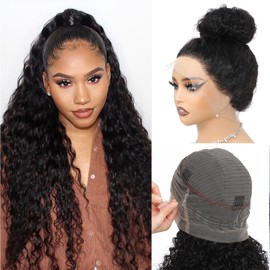 360 Lace Front Wigs Human Hair Deep Wave Full Lace Human Hair Wigs Upgraded 360 Drawstring Wig Human Hair Pre Plucked Hidden Strap 360 HD Full Lace Wigs For Black Women（18 Inch）