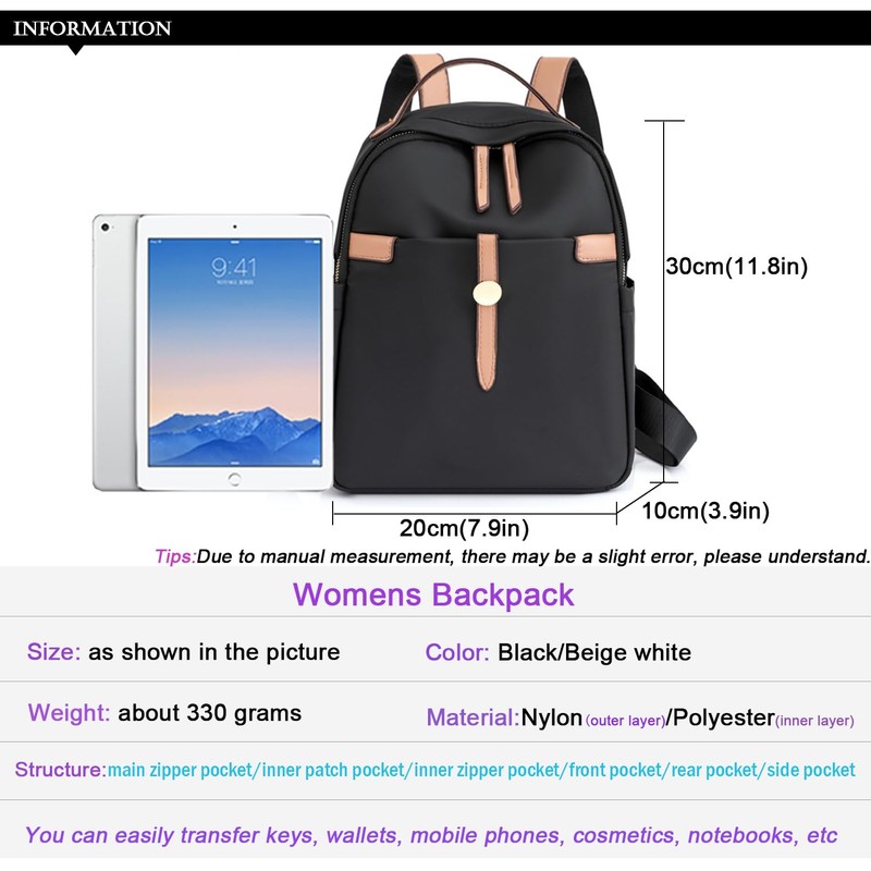 YIWEIYA Womens Lightweight Nylon Small Backpack (Black)