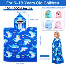BITOYO Bath Poncho with Hood, Extra Large Towel Kids Microfibre Beach Towels Swimming Pool Towel Bath Towel Shower Towels for Girls Boys with a Height of 120-170 cm (Shark)
