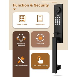 Tinewa Smart Entry Door Lock Set, Electronic Full Escutcheon Door Handle, Digital Keypad Deadbolt with App, Heavy Duty Black Front Door Handle with Single Cylinder Deadbolt, Auto Locking