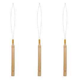 3Pcs Hair Extension Loop Needle Threader, Hair Extension with Wooden Handle, Pulling Hook Tool and Bead Device Tool for Hair or Feather Extensions