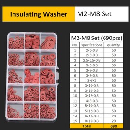 FEEIFOL 690 Pieces Red Steel Paper Fibre Flat Washers Set Insulation Washer Fibre Washer Assortment Kit M2 M3 M4 M5 M6 M8