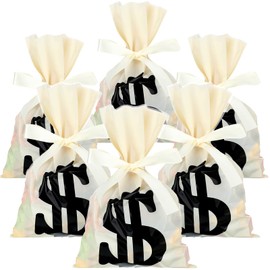60 Pieces Money Treat Bags Dollar Candy Cellophane Bag Loot Bags for Party Dollar Sign Sacks with 25 Yards Beige Ribbon for Toy Party Favor Theme Party Supplies, 6 x 9 Inch