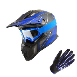 1Storm Adult Motocross Helmet BMX MX ATV Dirt Bike Downhill Mountain Bike Helmet Racing Style H637; Storm Blue + Goggles + Skeleton Blue Glove Bundle