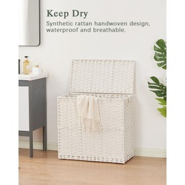 SETVSON Laundry Hamper with Lid Laundry Basket 132 L (35 Gal) Wicker Clothes Hamper, Handwoven Rattan Hamper with Handles and 4 Removable Liner Bags, 6 Mesh Bags for Laundry Bedroom White
