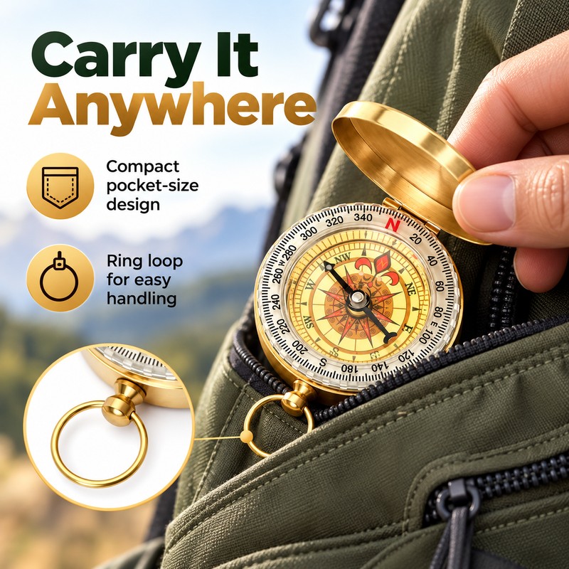 Portable Pocket Compass for Hiking and Camping – Gold-Tone Water-Resistant