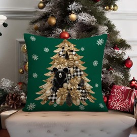 RLCMO Christmas Tree Bear Elk Throw Pillow Cover Mosaic Style Merry Christmas Snowflake 18 x 18 Inch Linen for Sofa Couch Decor Room Home Decor Car Cushion Cover (Gold)