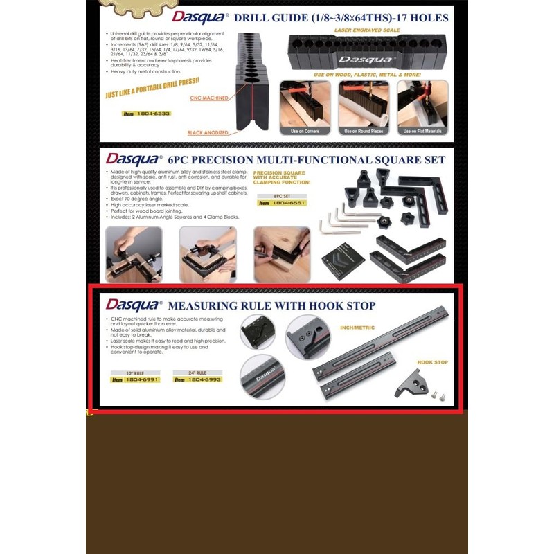 Dasqua 1804-6991 12" inch/mm Measuring Rule with Hook Stop