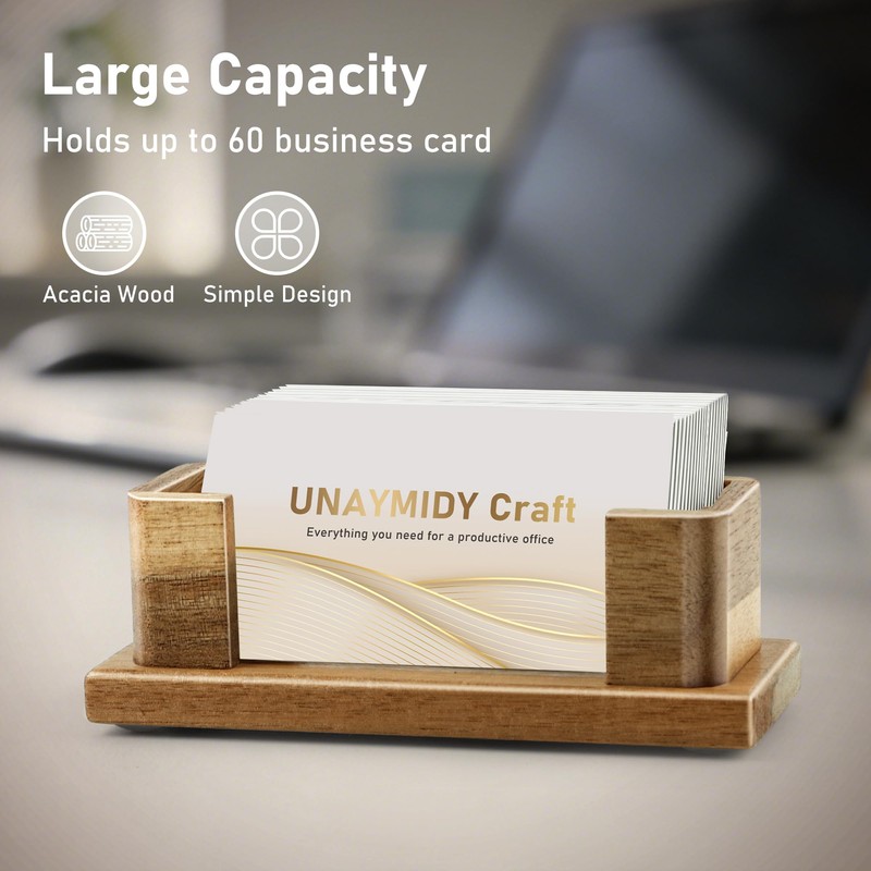 UNAYMIDY Business Card Holder for Desk, Acacia Wood Desktop Name