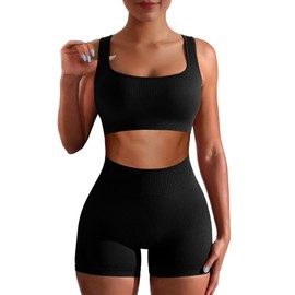 Workout Sets for Women Two Piece Sets for Women Summer Seamless Ribbed High Waist Leggings with Sports Bra Crop Tank Gym Yoga Sets, Black, L