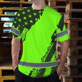 Maddly Hi Vis Shirt Reflective Green Neon Water Color American Flag Patriotic Custom Name Safety Workwear for Workers, Runners, Cyclists, Truckers, Operator-XL