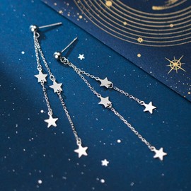 Tassel Star Threader Chain S925 Sterling Silver Long Dangle Drop Earrings for Women Elegant Cute Ball Stud Dangling Hanging Fashion Lucky Star Lightweight Hypoallergenic Jewelry Gifts Birthday