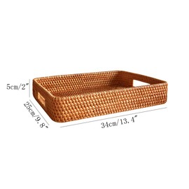 i-lan 13 Inch Handcrafted Serving Tray Rectangle Rattan Display Tray Plates with Cutout Handles and 2" Wall,Wicker Ottoman Coffee Table Decor Basket Tray Organizer Platter for Snack, Candy, Fruit,S
