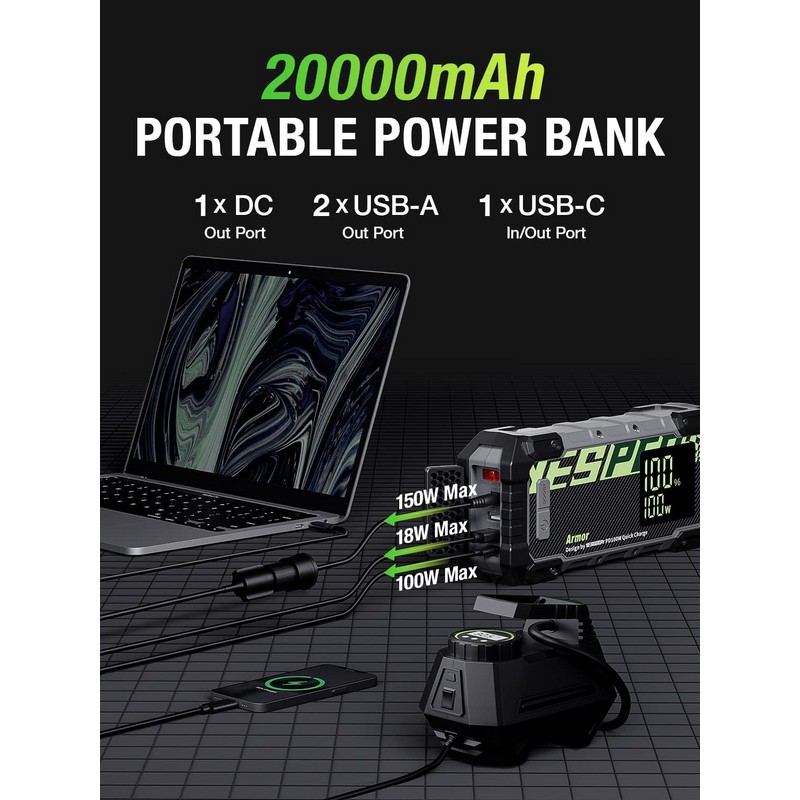 YESPER Battery Jump Starter 3000A Peak Portable Car Booster 100W