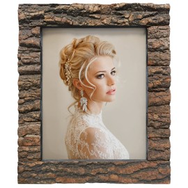 IKEREE 8x10 Rustic Wood Picture Frame with Real Bark，Solid Wood High Definition Glass,Tabletop or Wall Mounting for Farmhouse Decor.