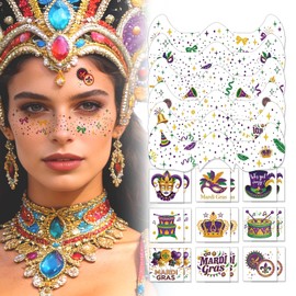 LYNEMOGA Mardi Gras Decorations, Mardi Gras Decor Temporary Tattoos, Mardi Gras Freckles Face Tattoos with Body Glitter Temporary Tattoo Stickers for Women, Teen Girls, Party Costume Outfit Makeup