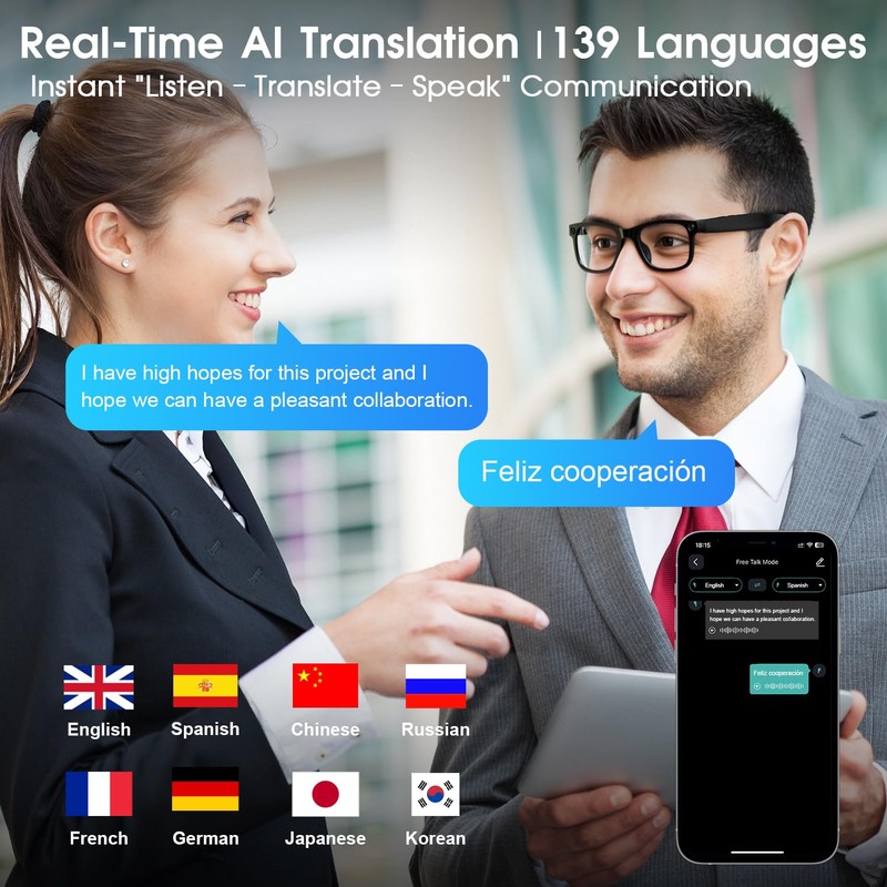 Tulbeys Smart Recording Glasses - 8MP Camera, AI Translation, Bluetooth