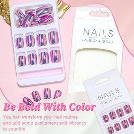 EternalClassic Pink Chrome Press on Nails Short Square Mirror Metallic Press on Nails Chrome Fake Nails, Chrome Nails Press on 24Pcs Glue on Nails Glossy Stick on Nails for Women