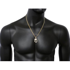 Fashion 21 Unisex Small Size Pave Crown Tilted Initial Alphabet Letter Pendant 3mm 24" Cuban Chain Necklace in Gold, Silver Tone (G - Gold Tone)