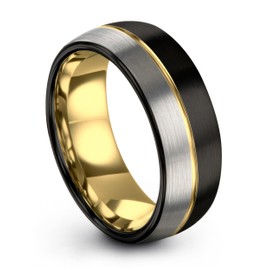 Midnight Rose Collection Tungsten Wedding Band Ring 8mm for Men Women 18k Yellow Gold Grey Plated Dome Black Brushed Polished Size 13