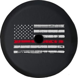 JL Series Spare Tire Cover with Backup Camera Hole Distressed American Flag Thin Red Line Black 33 in