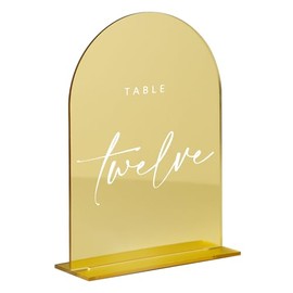 Letrero acrílico con espejo dorado de 5 x 7 pulgadas con soporte, paquete de 10 letreros acrílicos con base para bricolaje arqueados de boda, señalización de boda, números de mesa de boda