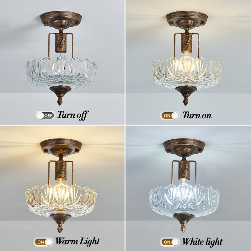 UOFUS Glass Ceiling Light Fixture Vintage Small Semi Flush Mount