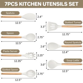 TeamFar Kitchen Utensils Set of 7, Silicone Cooking Utensils Kitchen Tools with Wooden Handle, for Frying Stirring Mixing, Non Toxic & Heat Resistant, Non Stick & Easy Clean