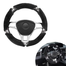 BJSIA Rhinestone Fuzzy Diamond Steering Wheel Cover, Steering Wheel Cover for Women, Bling Bling Crystal Rhinestones for Winter Warm, Universal Fit for 14.5" to 15" Steering Wheels(Black)