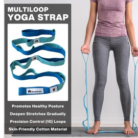 METEOR Stretching Strap (Non-Elastic 10-Loop) – Leg Stretcher Yoga Strap with Carry Bag for Flexibility, Physical Therapy, Rehab Exercise, and Pilates Training, Blue
