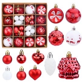 40pcs Christmas Baubles Christmas Balls Red House Xmas Tree Decorations Heart Shatterproof Christmas Tree Ornaments Decorative Baubles Pendants for Xmas Wedding Party