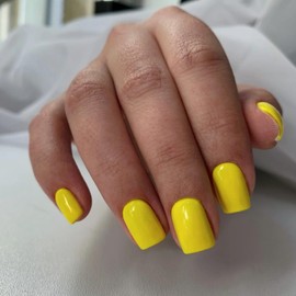 Yellow Press On Nails Short Square, KXAMELIE Natural Short Gel Nails Glue on Acrylic Nails Press ons Featured Protective Coat Thick Reusable Fake Nails Solid Color 24 Short Coffin Artificial Nails