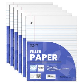 Notebook Paper, College Ruled Loose Leaf Paper (6 Pack), Filler Paper, 10.5” x 8”, Filler Paper, 200 Sheets Per Pack, 60 gsm (6 Pack)