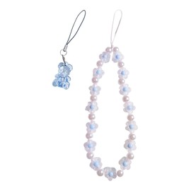 Meefisher 2 PCS Blue Bear Flower Beaded Mobile Phone Charms Lanyard Aesthetic Sweet Cute Phone Wrist Strap Anti-Lost Chain for Women