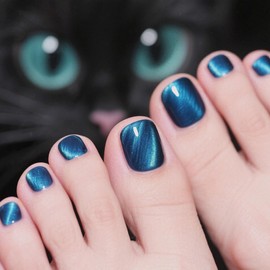 MERVF Press on Toenails for Women Blue Cat Eye Acrylic DIY Fake Toe Nails Supplies Solid Color Design Summer Glossy 24pcs