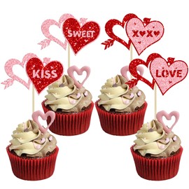 Ephlyn Cupcake-Aufsätze mit Herzen, glitzernd, Herz-Kuss, Cupcake-Picks, süße Liebe, Cupcake-Dekorationen für Hochzeit, Verlobung, Brautparty, Valentinstag, Party, Kuchendekorationen, Rot, Rosa, 24
