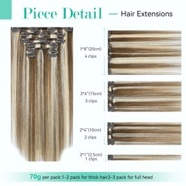 Ukira Blonde Highlights Hair Extensions for Women Real Human Hair, 12 Inch 70g 7pcs 6/613 Light Brown Mixed Bleach Blonde Clip in Hair Extensions, Natural Straight Remy Human Hair Clip ins