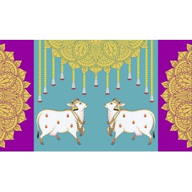 Decorative Backdrop Cloth Marigold Flower Garland with Cow and Mandala Design Curtain Cloth Hanging on Wall for Indian Traditional Festival Background Pooja Decor (Size:-96"X60")(Multicolour)