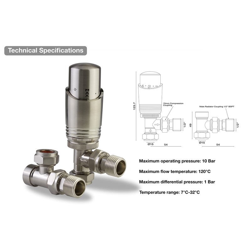 Brushed Nickel Thermostatic Radiator Valve Angled TRV Corner Radiator Thermostat