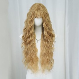 7JHH WIGS 32in Long Curly Wigs with Bangs for Black Women Long Curly Afro Big Bouncy Fluffy Synthetic Fiber Glueless Heat Resistant 150% Density Culry Wave Wig for Women Daily Used