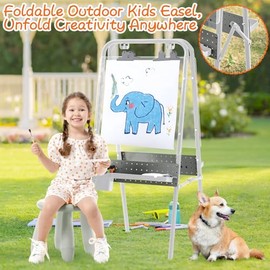 FUNLIO 2-in-1 Outdoor Easel for Kids Ages 3+, Foldable Waterproof & Sunproof Toddler Easel, Double-Sided Kids Art Easel with 2 Acrylic Boards & 20+ Accessories, Portable and Stable - Grey