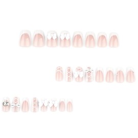 White Press on Nails Medium Coffin Fake Nails French Nails Press ons with Bow Tie Lace Design Full Cover Stick on Nails for Women Manicure,Reusable | Artificial | Nail Sticky Tabs | Easy Apply | 24Pcs