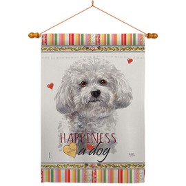 Bichon Frise Happiness House Flag Dowel Set Animals Dog Puppy Spoiled Paw Canine Fur Pet Nature Farm Animal Creature Small Decorative Gift Yard Banner Made In USA 28 X 40