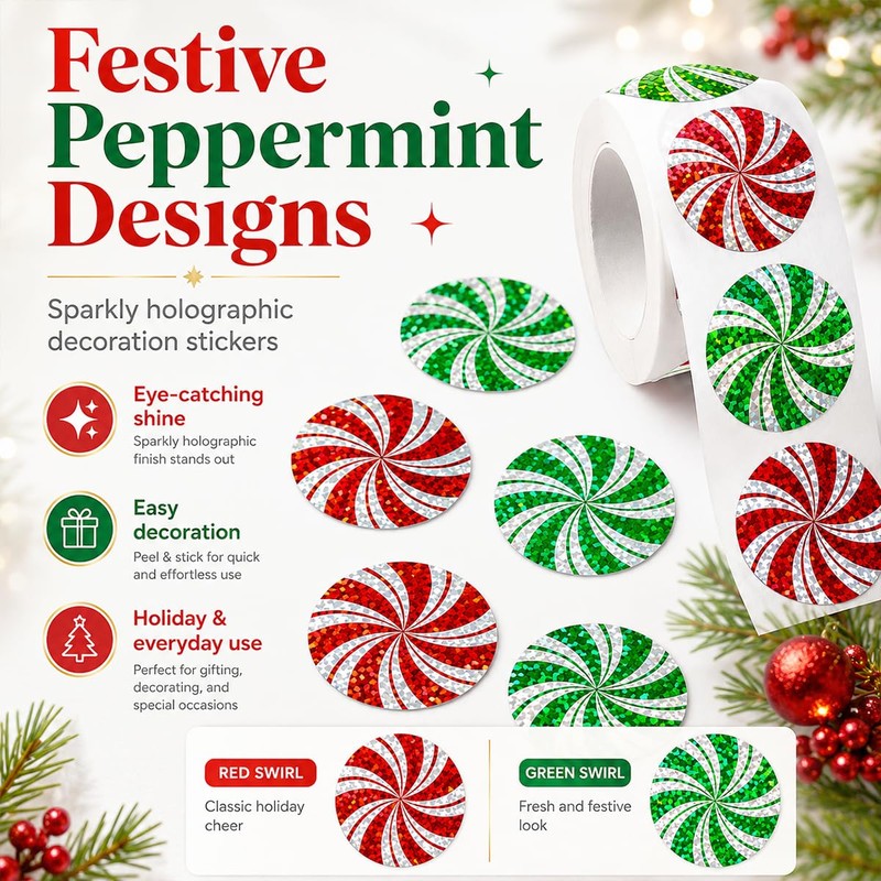 Christmas Candy Swirl Stickers 1 Inch Foil Stickers for Holiday