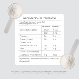 Creatina Monohidratada Micronizada Creavitalis® con 5 g por porción, Sin Sabor, 225 g, 45 porciones