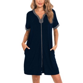SWOMOG Women Zipper Front House Coat Short Sleeves Robe Zip up Bathrobes Short Nightgown with Pockets S-3XL Deep Navy Blue 3X-Large